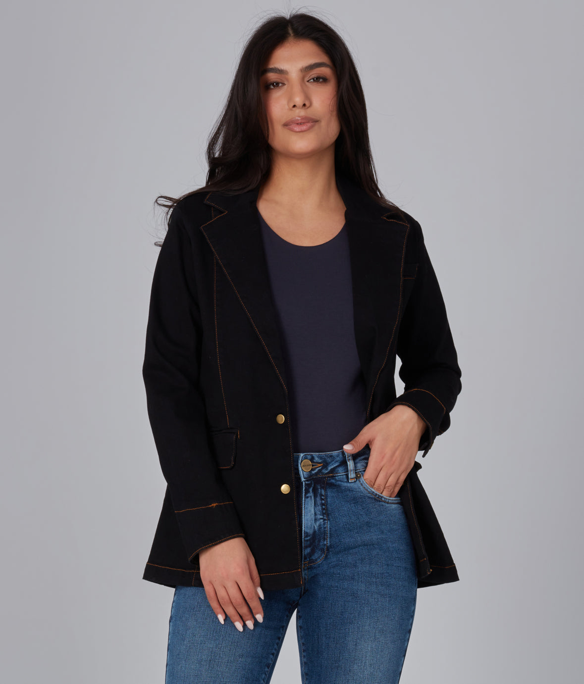 Charger l&#39;image dans la galerie, Veste-blazer en jean extensible avec coutures contrastantes
