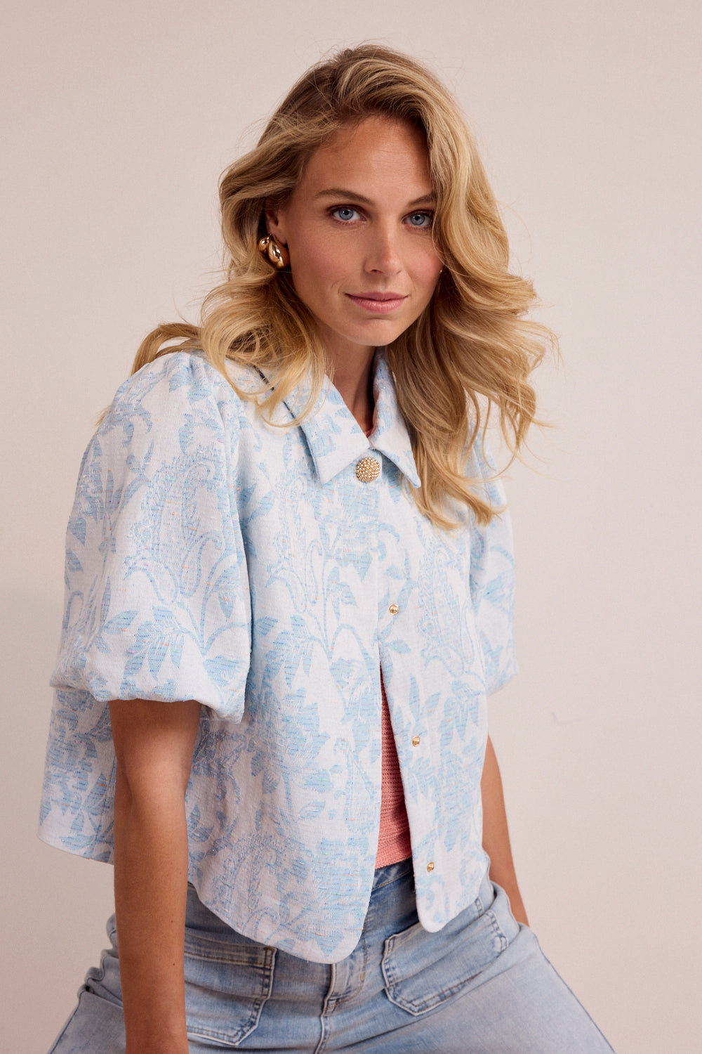 Load image in gallery, Puffed Short Sleeve Jacquard Jacket - Tramontana
