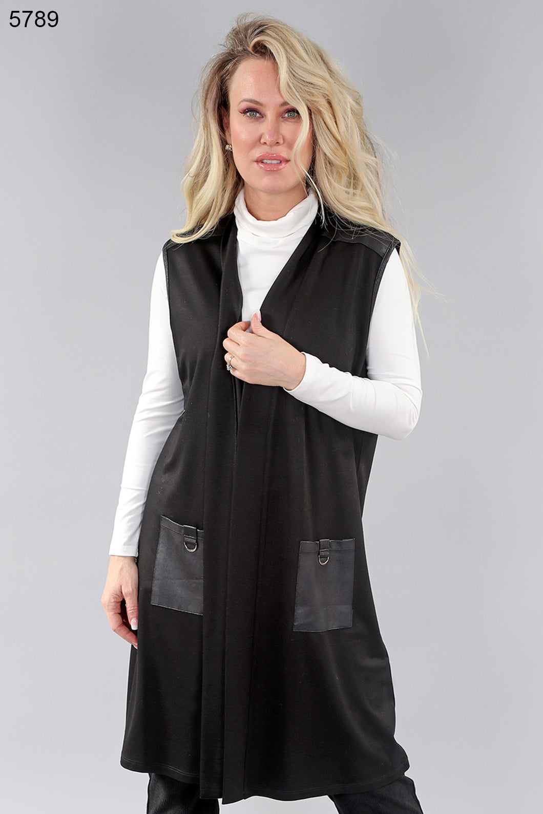 Long cardigan with vegan leatherette inserts