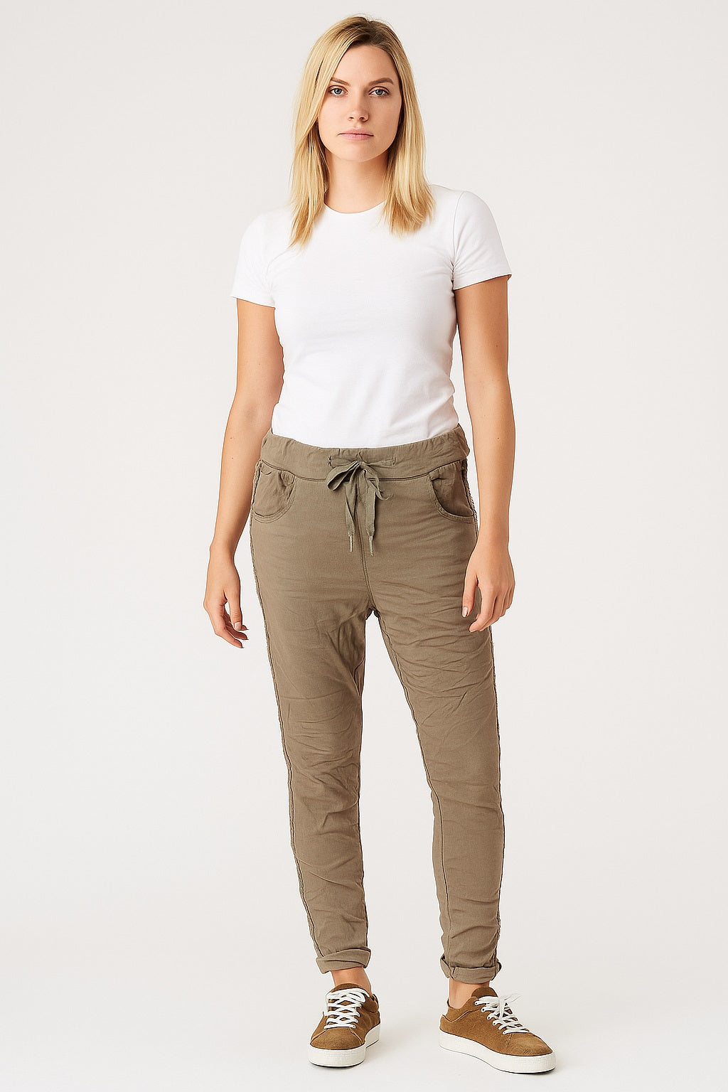 Crinkle trousers with matt satin finish with embroidery/sequins - Italy