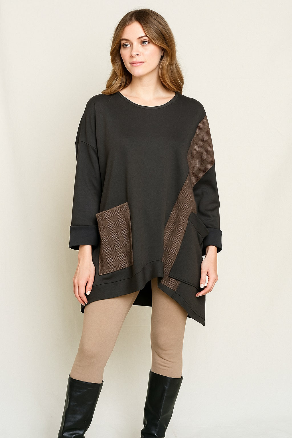 Upload image to gallery, Oversized Tunic with Plaid Fabric Inserts - Italy
