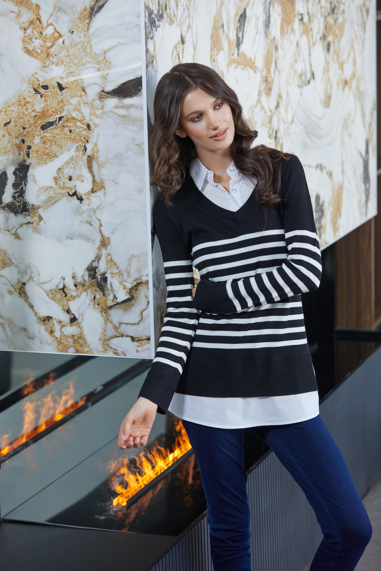 Upload image to gallery, Striped Top with integrated white shirt
