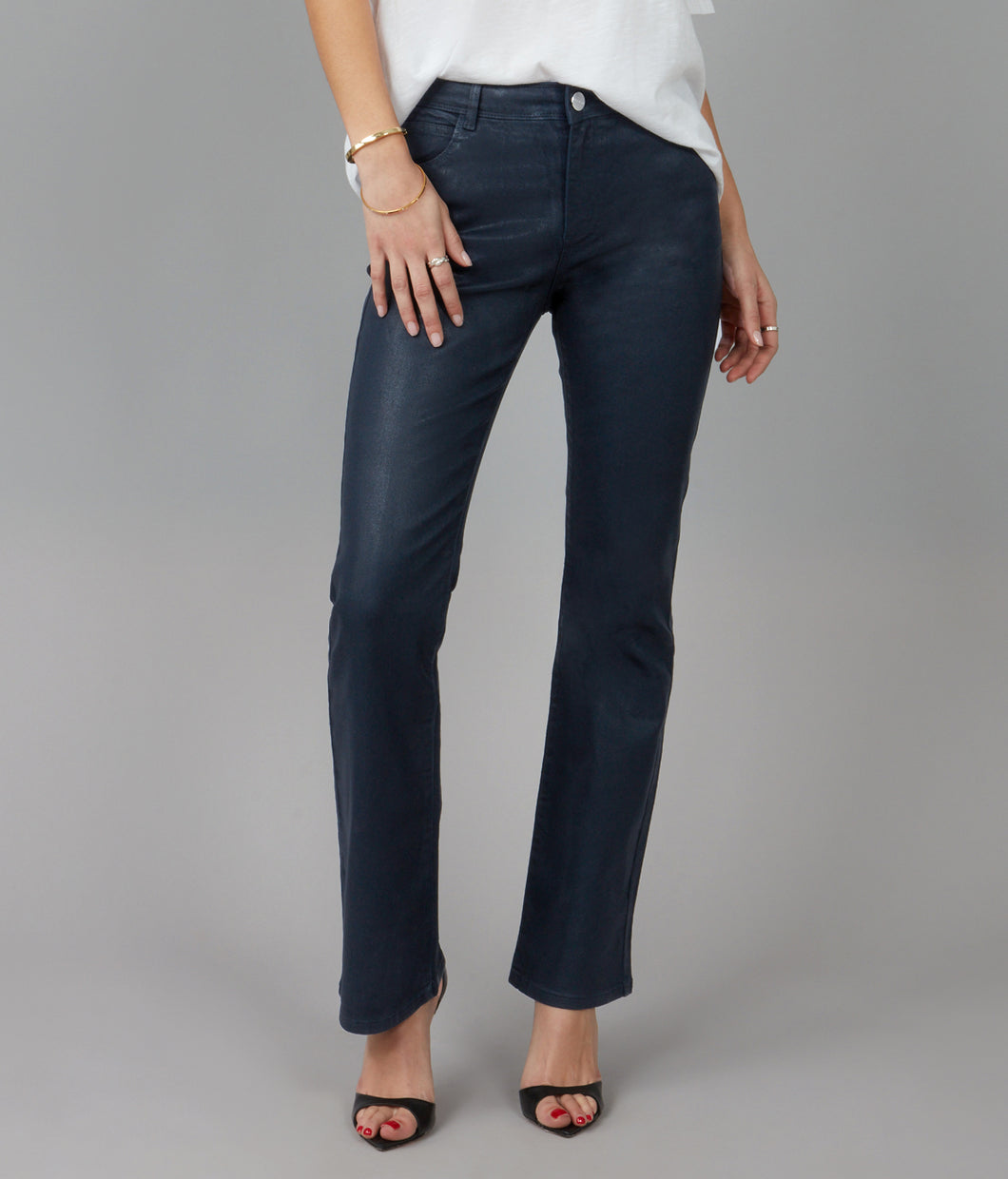 Leather-look bootcut jeans, navy - Lola Jeans