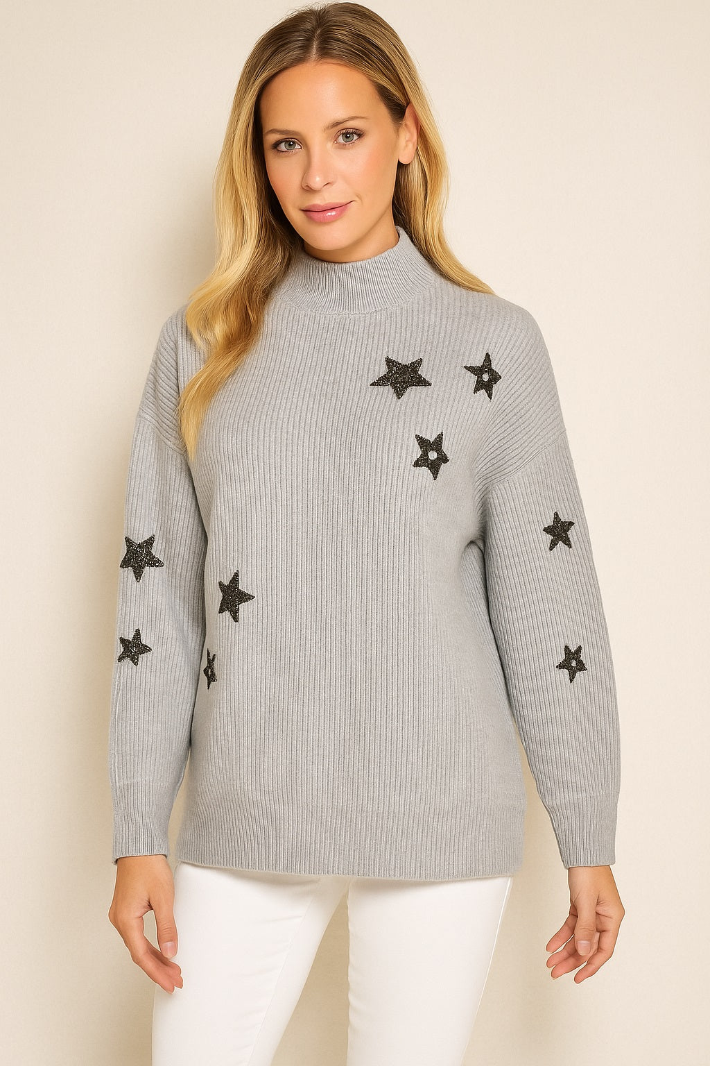 Upload image to gallery, Chenille knit sweater with star appliqués
