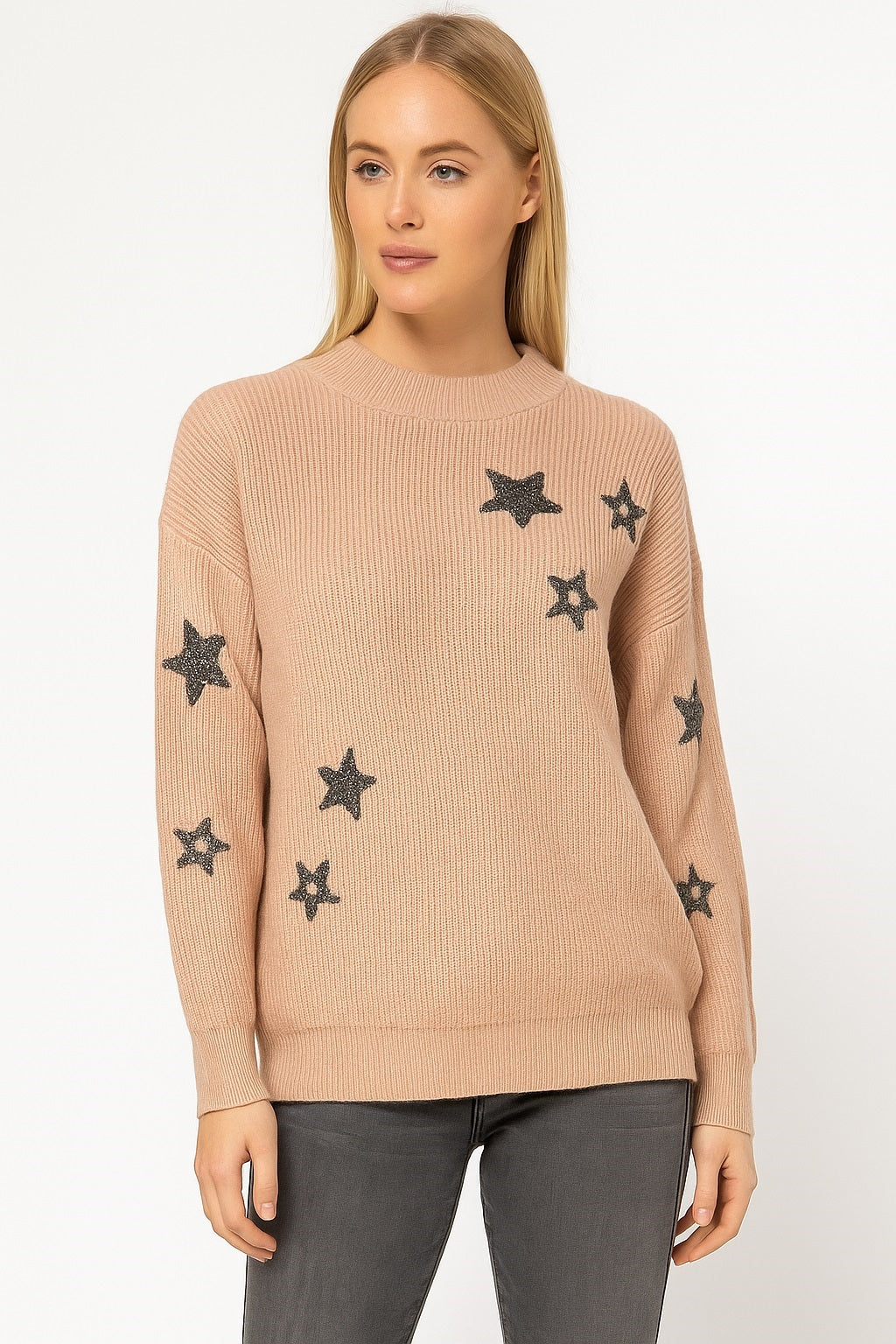 Upload image to gallery, Chenille knit sweater with star appliqués
