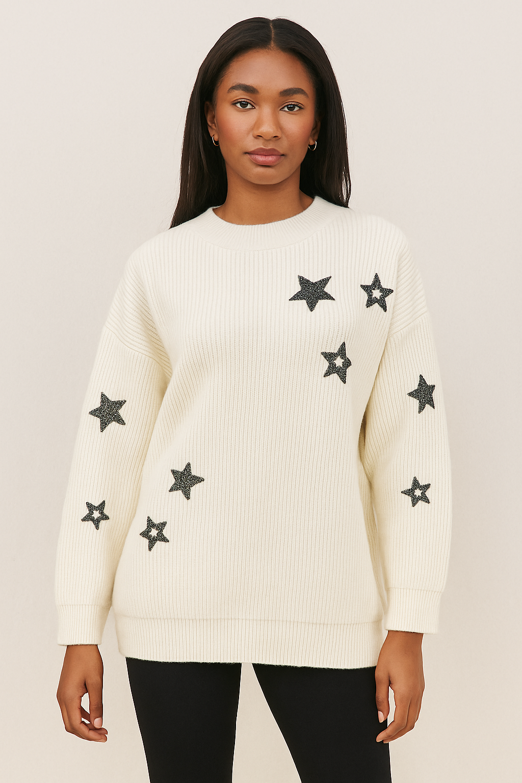 Upload image to gallery, Chenille knit sweater with star appliqués
