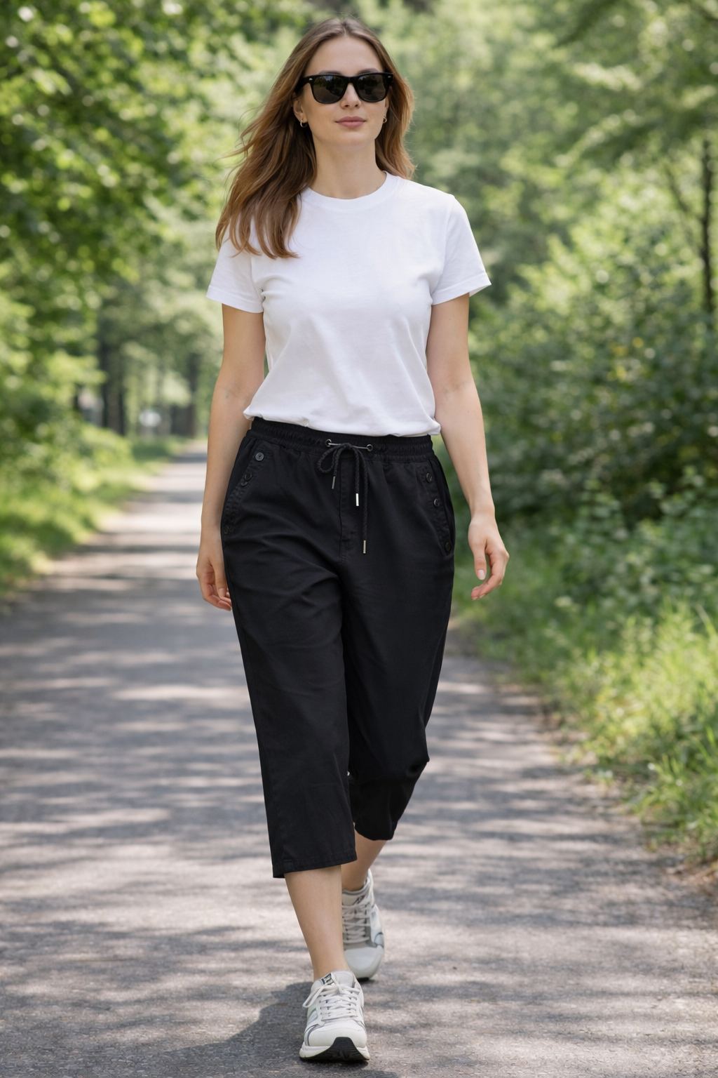 Upload image to gallery, Adjustable Waist Capri Pants with Rhinestone Logo
