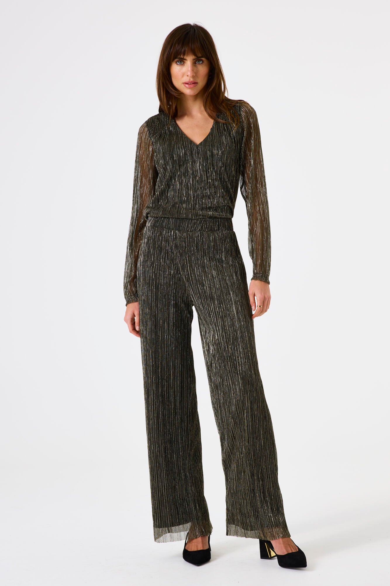 Upload image to gallery, Pleated Glitter Blouse with Sheer Sleeves - Garcia
