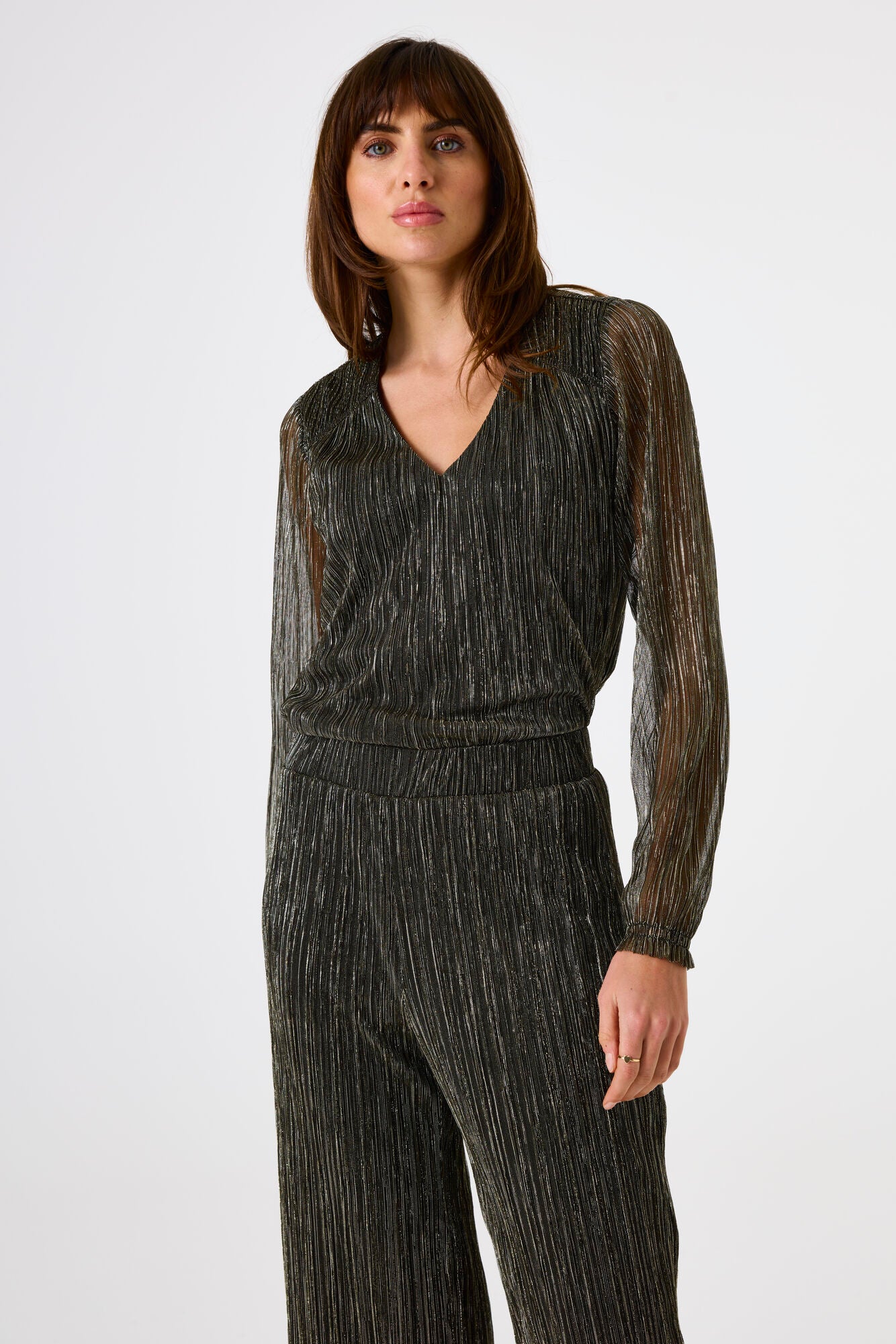 Upload image to gallery, Pleated Glitter Blouse with Sheer Sleeves - Garcia
