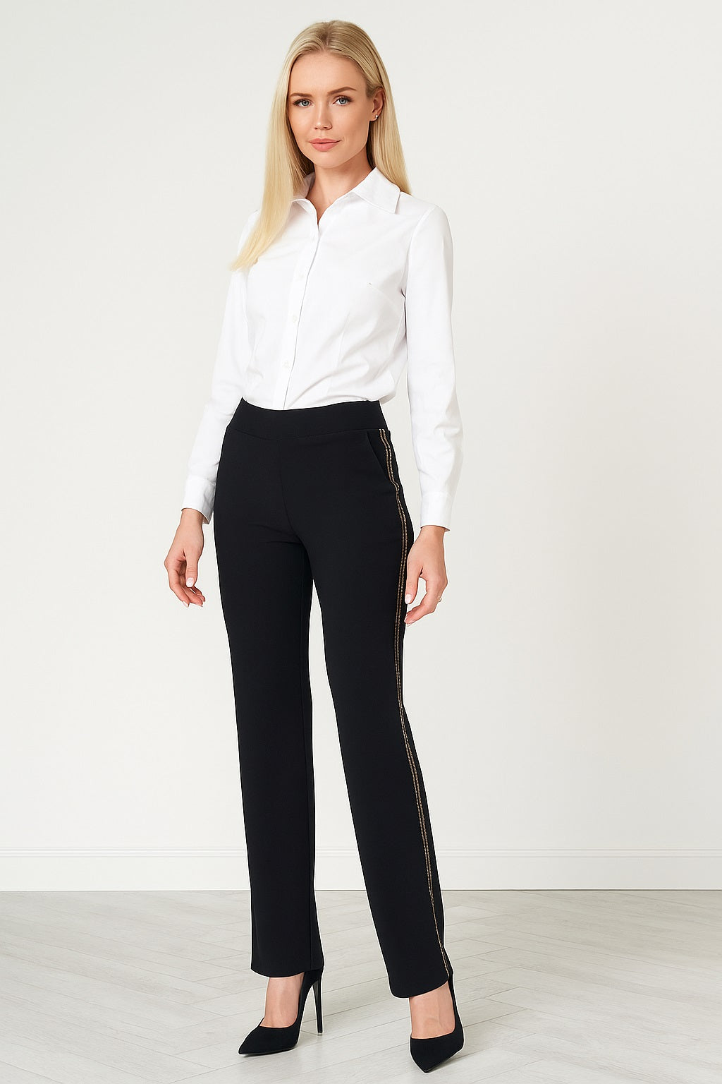 Load image in gallery, Straight pants with silver/black rhinestone band
