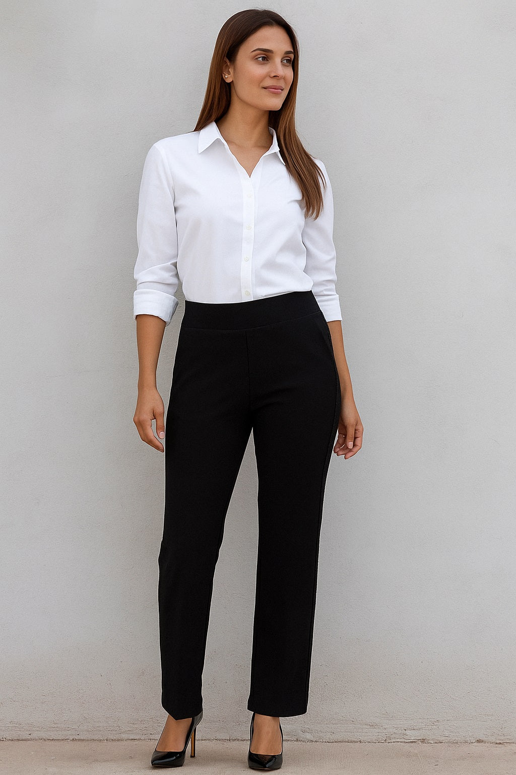 Load image in gallery, Straight pants with black rhinestone band
