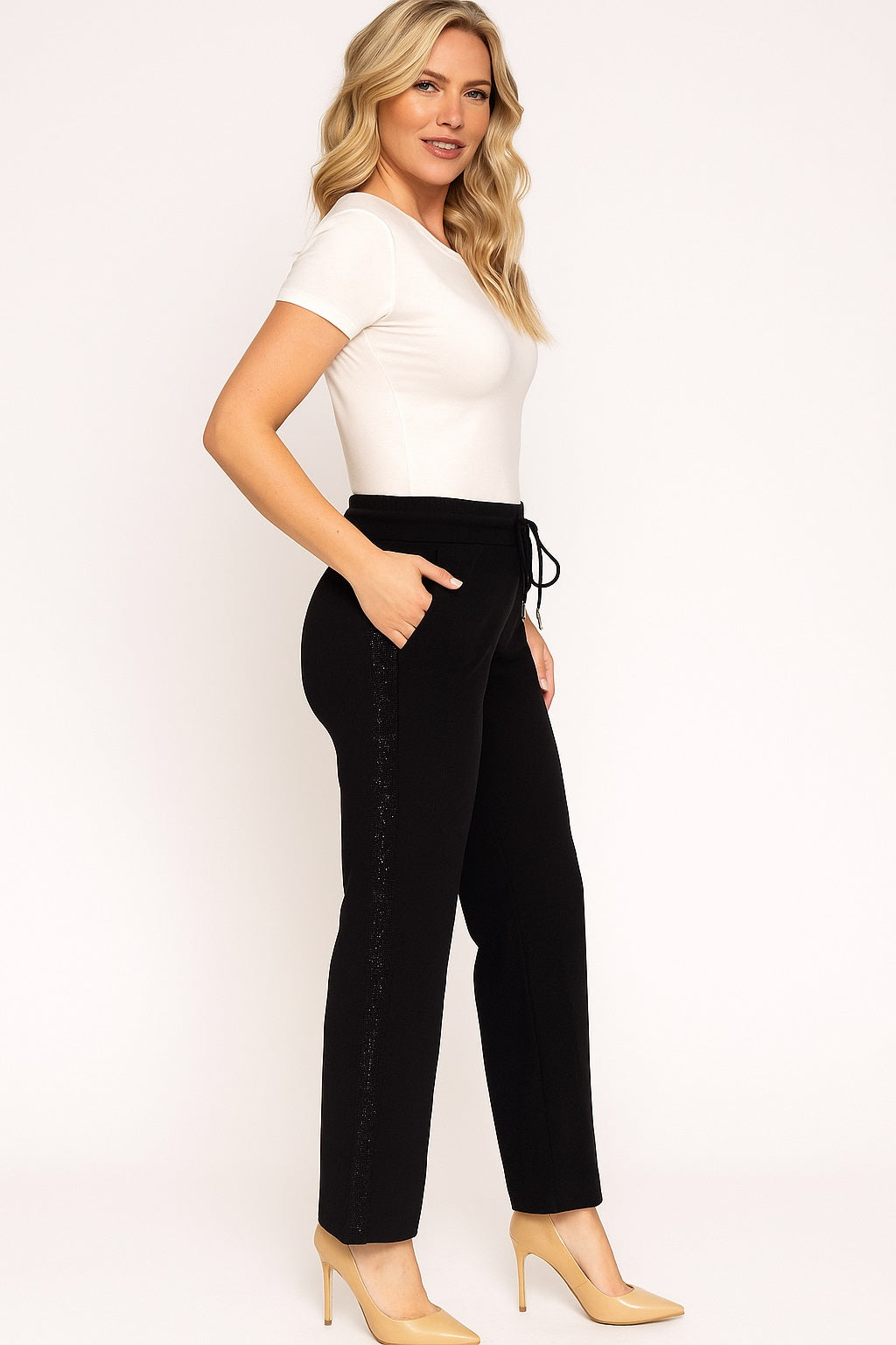 Load image in gallery, Adjustable Waist Straight Pants with Black Rhinestone Band
