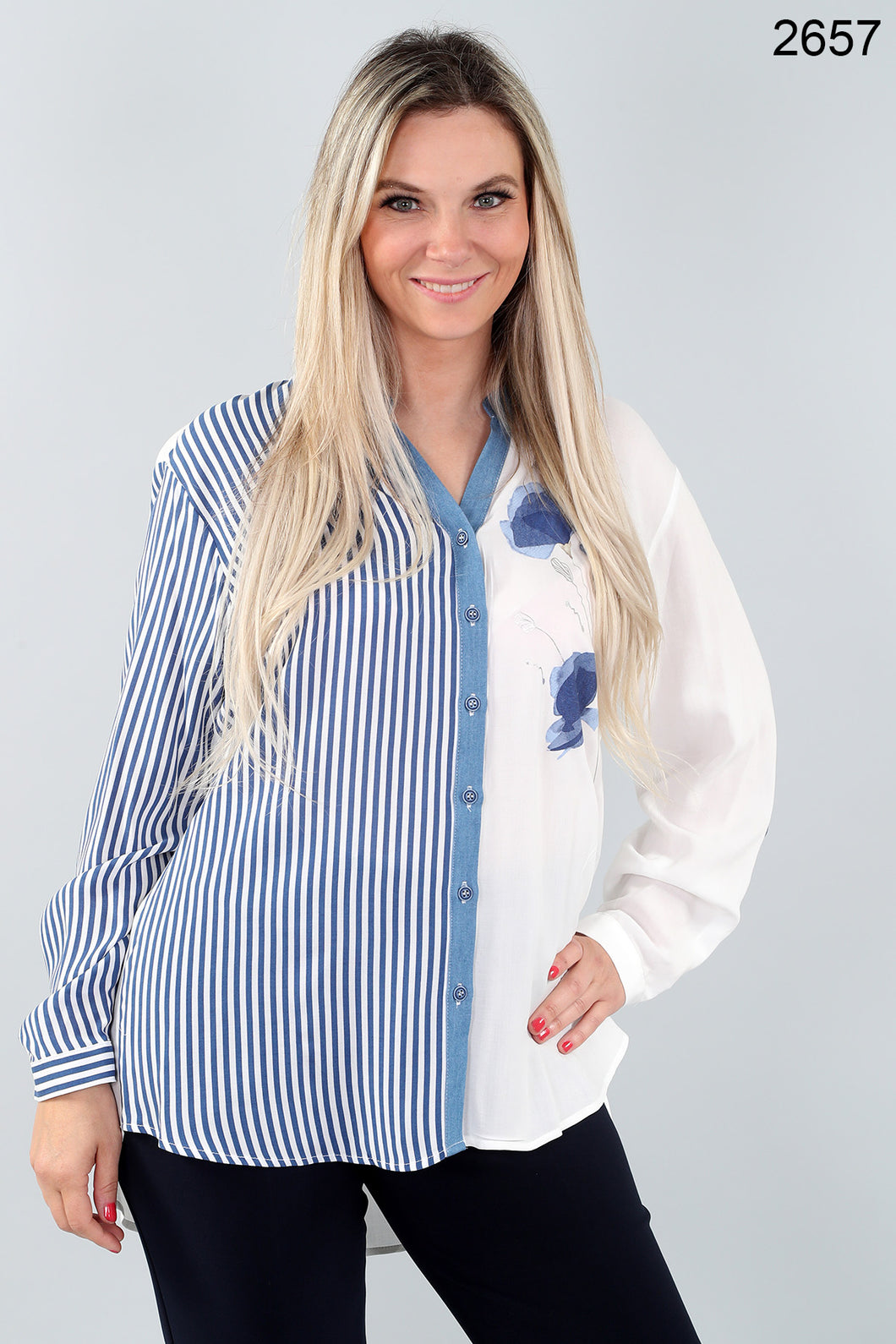 Semi-striped button-down blouse with flower appliqués