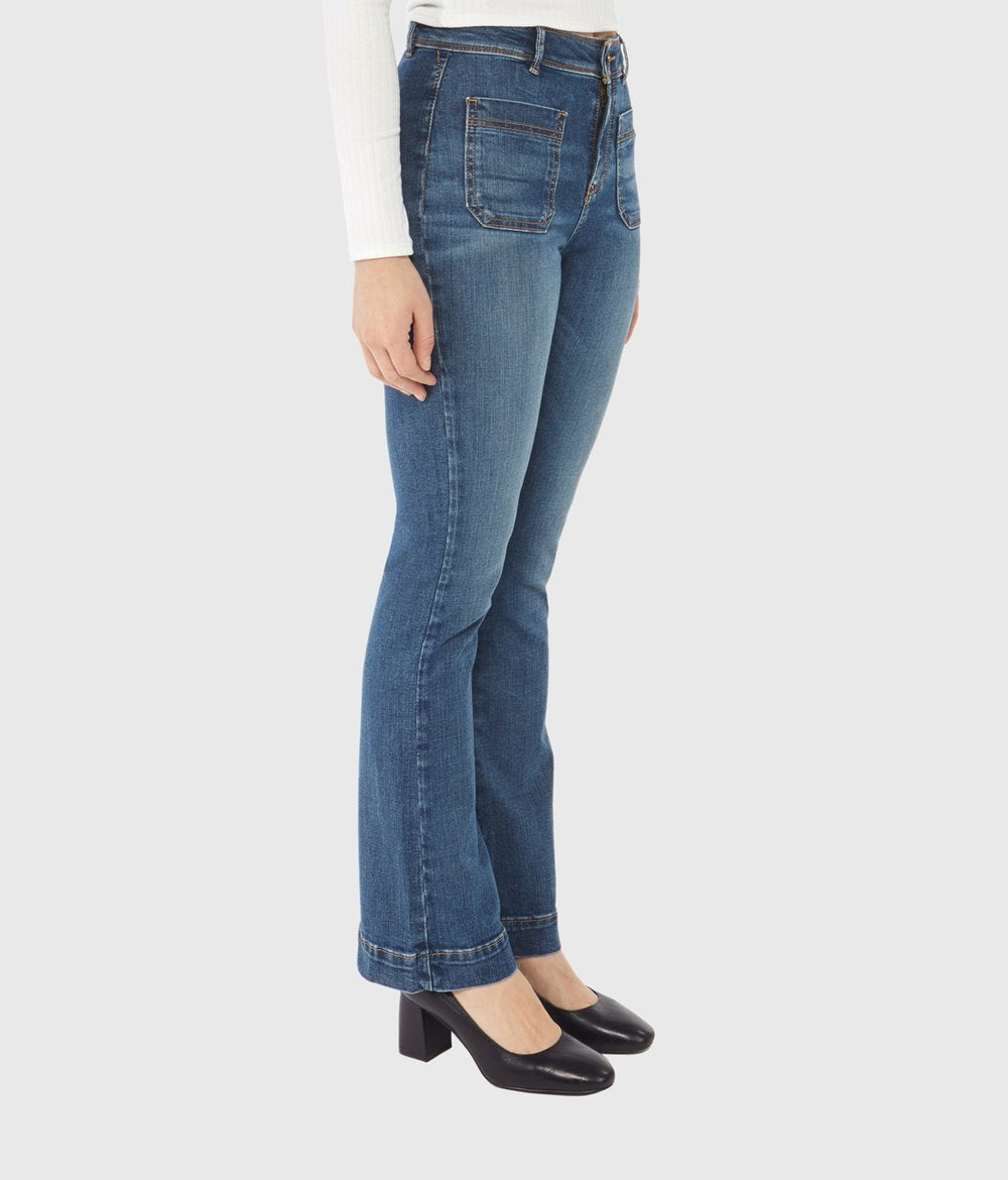 Charger l'image dans la galerie, Pantalon bootcut à taille haute en jean extensible et durable
