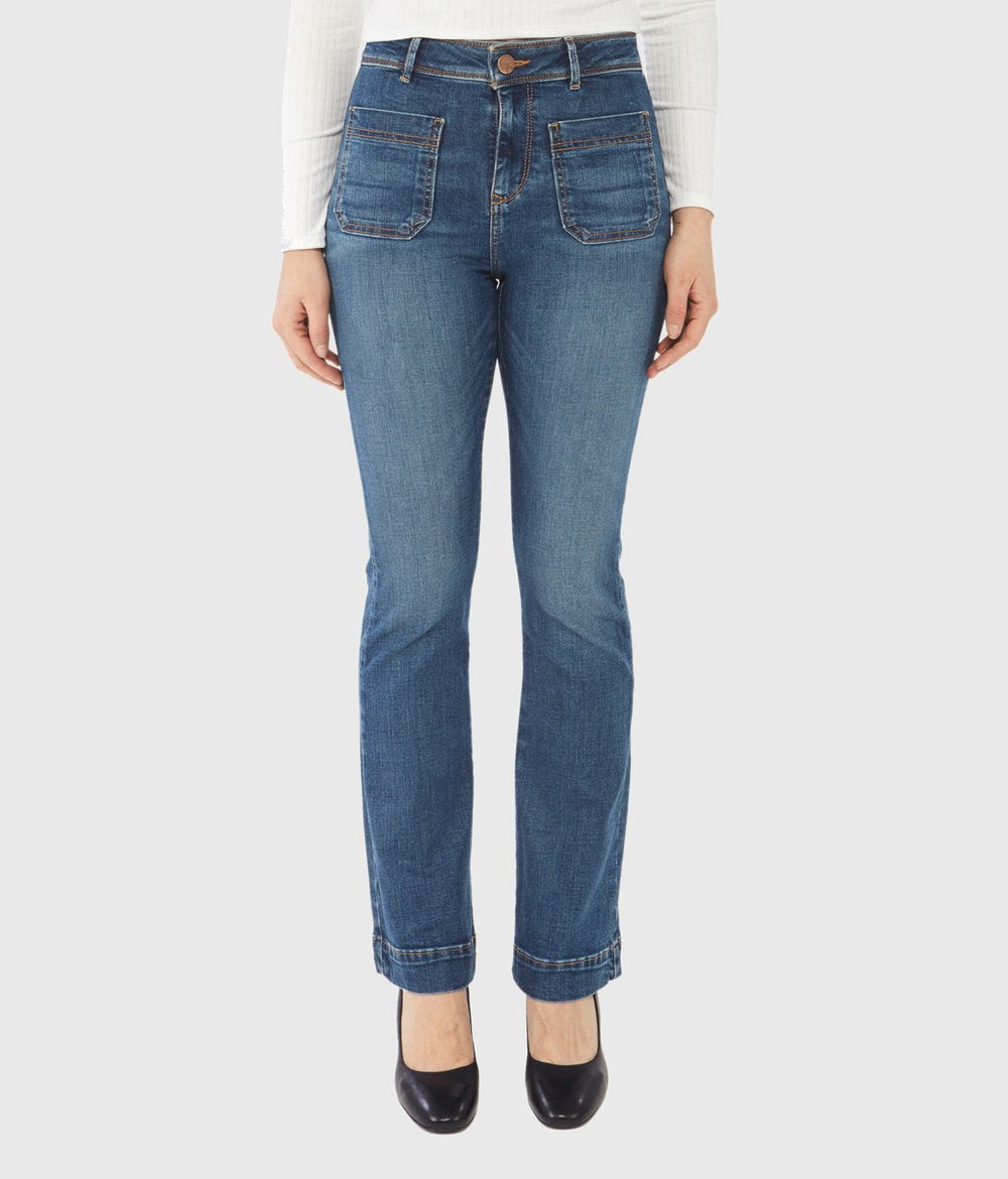 Charger l'image dans la galerie, Pantalon bootcut à taille haute en jean extensible et durable
