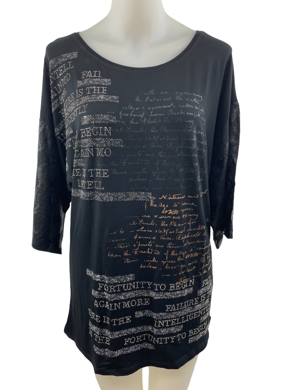 Top printed with lustrous scripts adorned with rhinestones and studs