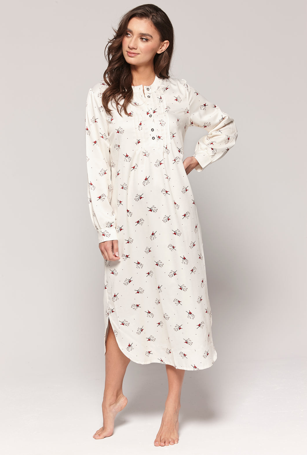 Long nightgown in bird-print brushed satin