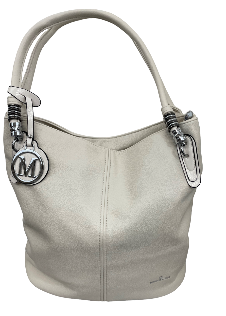 Handbag adorned with silver rings and fringed logo