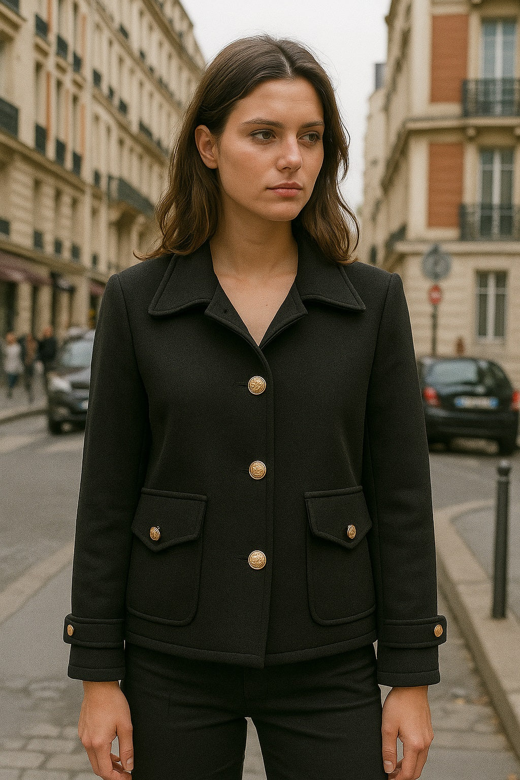 Charger l&#39;image dans la galerie, Veste classique en tissu piqué avec boutons métallisés
