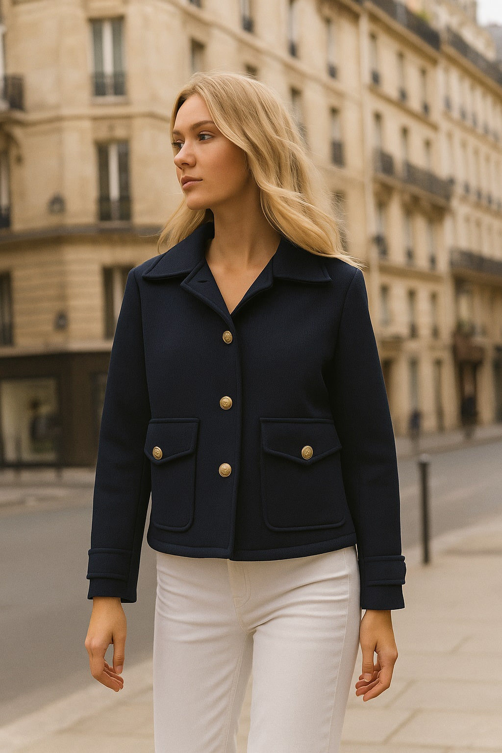 Charger l&#39;image dans la galerie, Veste classique en tissu piqué avec boutons métallisés

