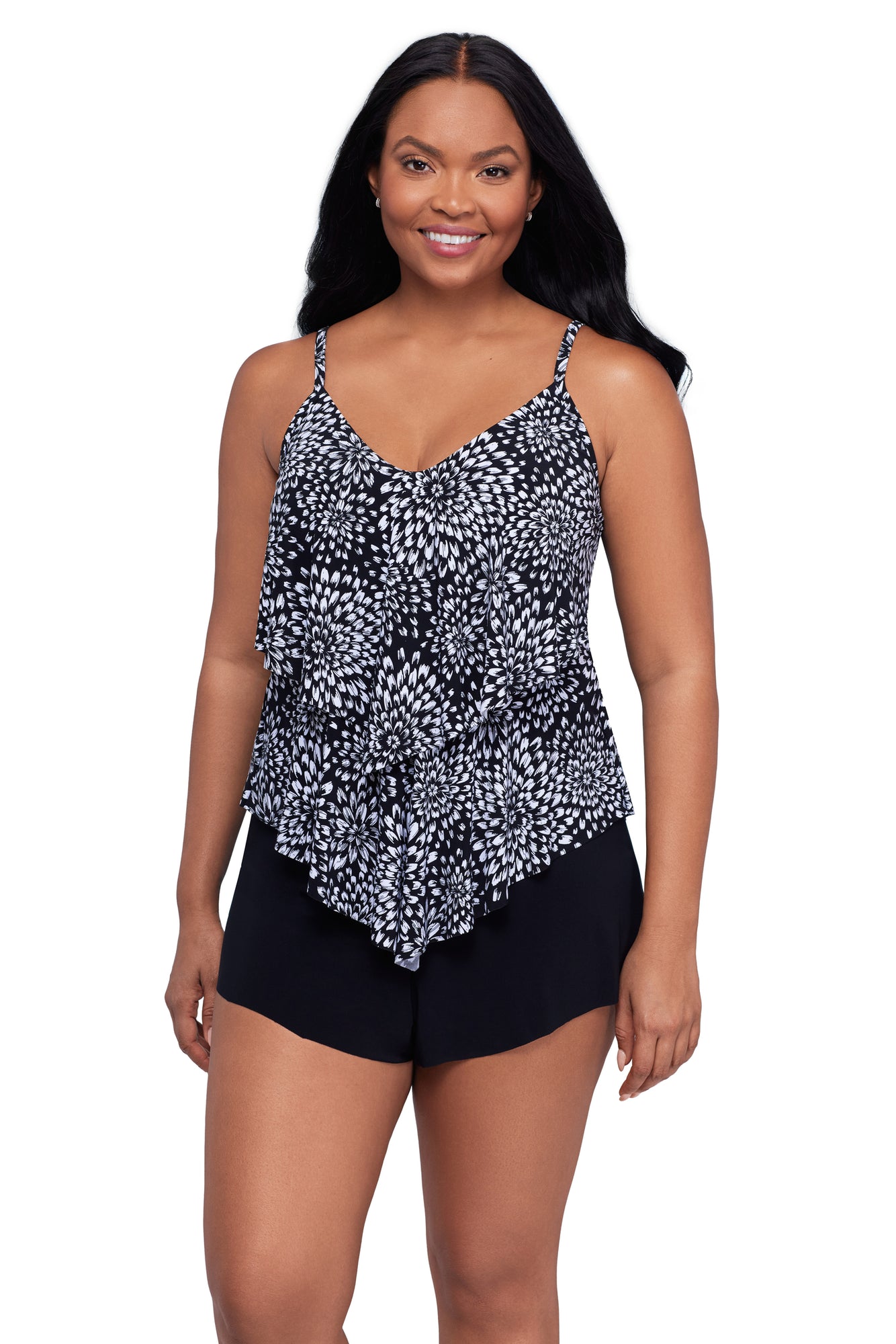 Charger l'image dans la galerie, Haut de maillot tankini à volants et en pointe Noir Blooms - Séparé
