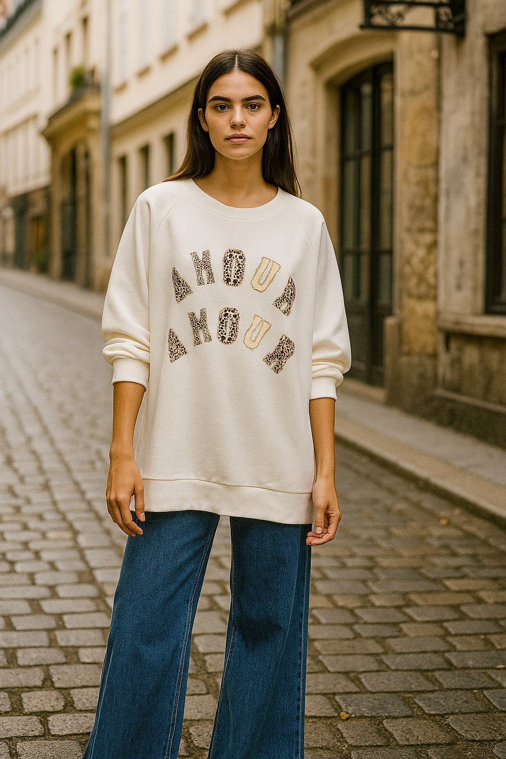 Chandail col rond Amour clouté/strass