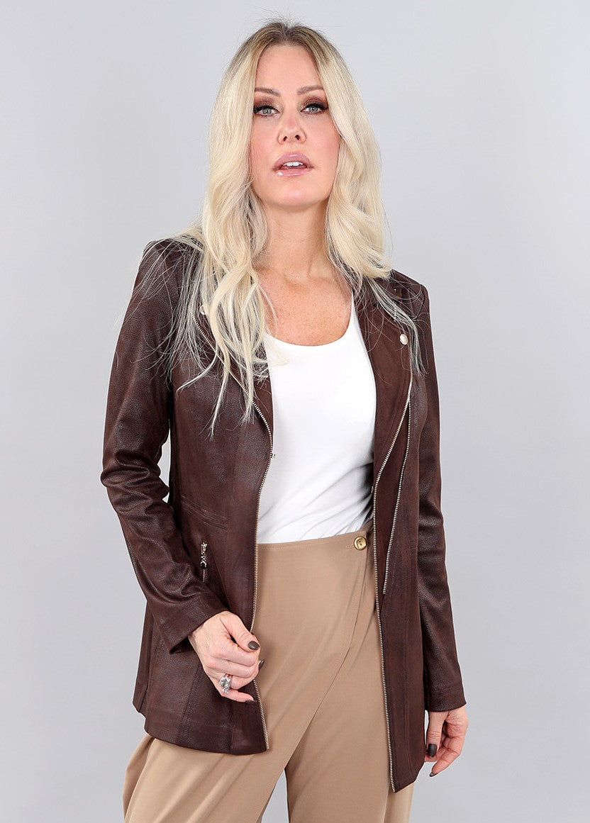 Veste longue en cuirette vegan chocolat - Vex