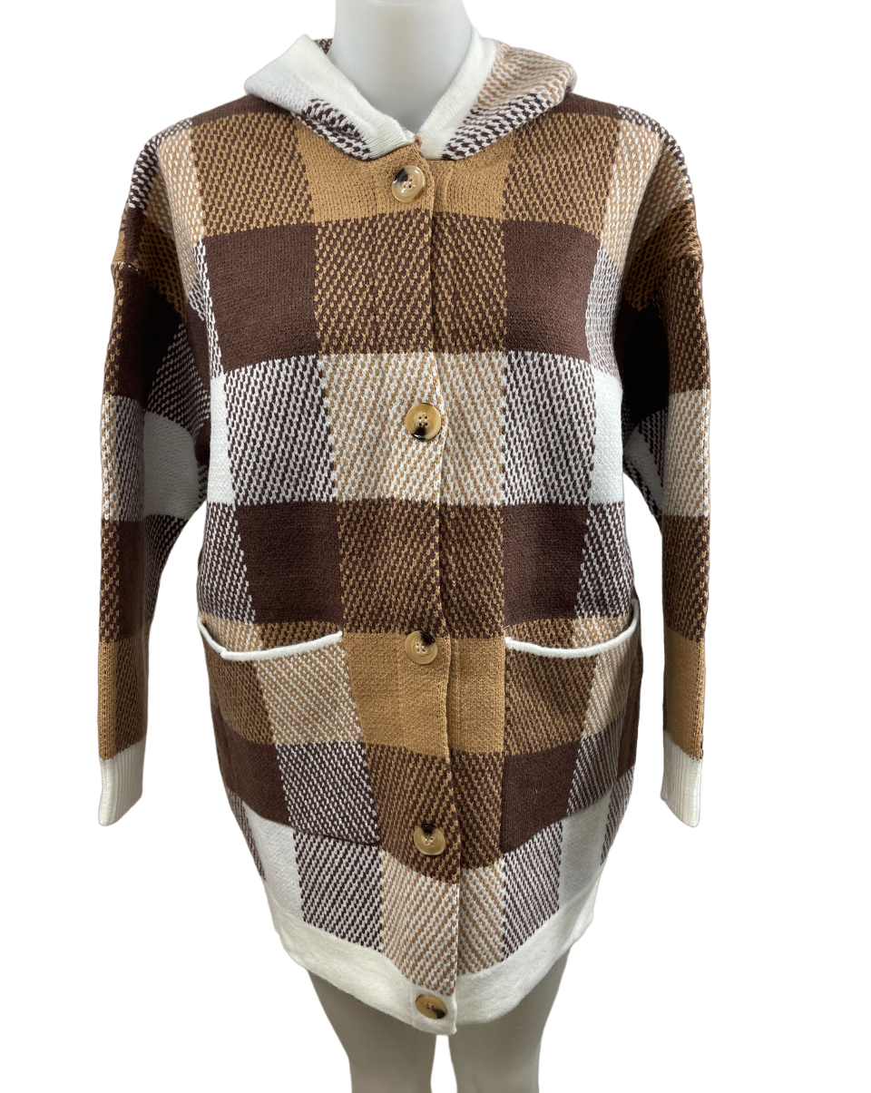 Cardigan long boutonné en tricot à carreaux