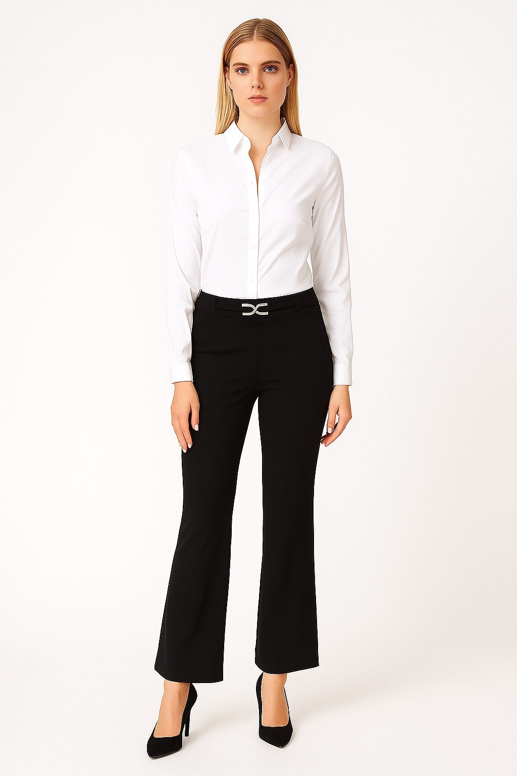 Pantalon à jambe évasée avec logo doré/strass