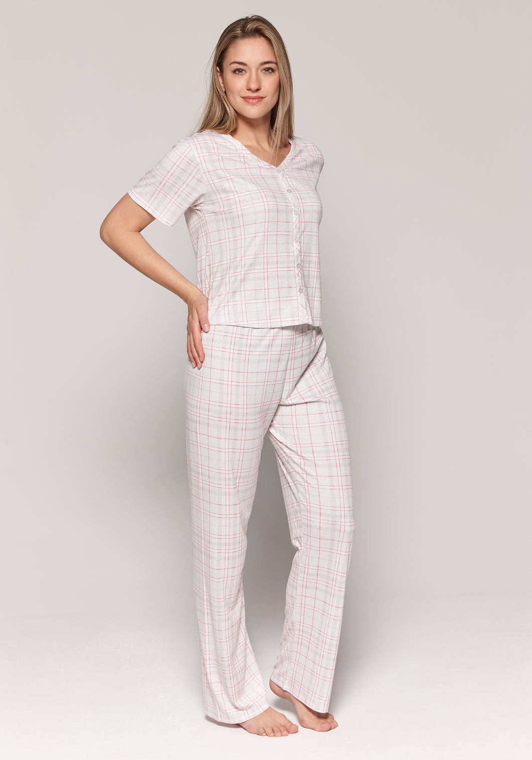 Pyjama long boutonné à carreaux