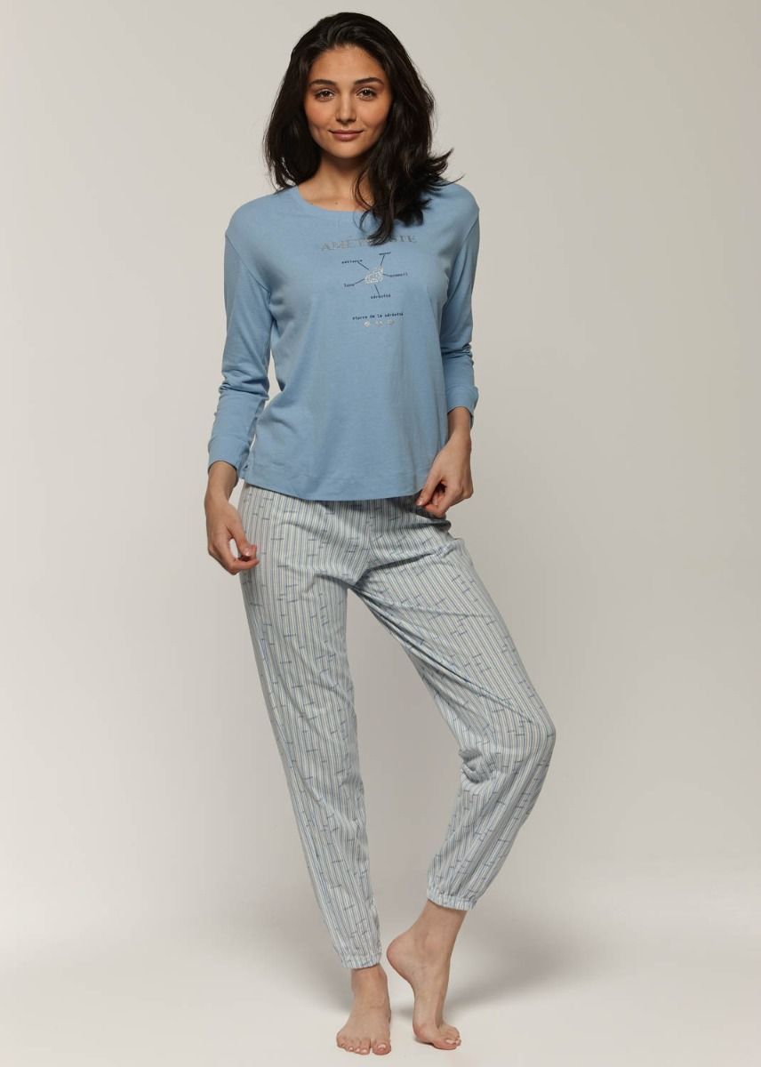 Pyjama/ensemble de détente haut uni/pantalon rayé en coton