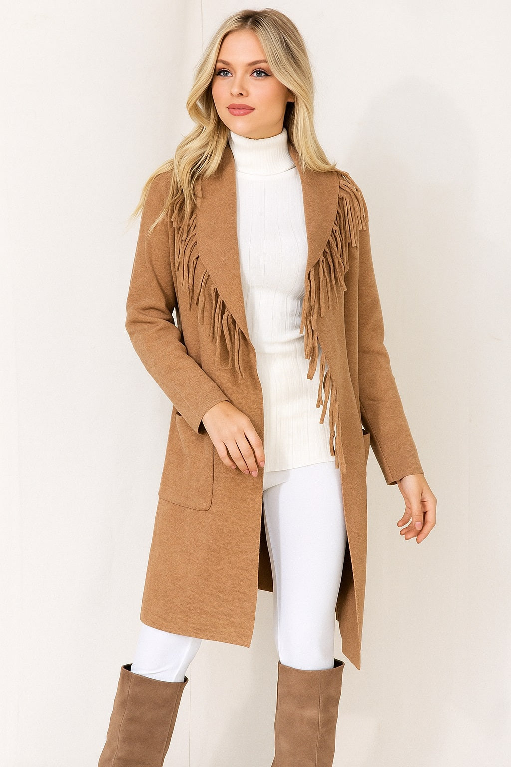 Charger l&#39;image dans la galerie, Veste 3/4 tricot franges col
