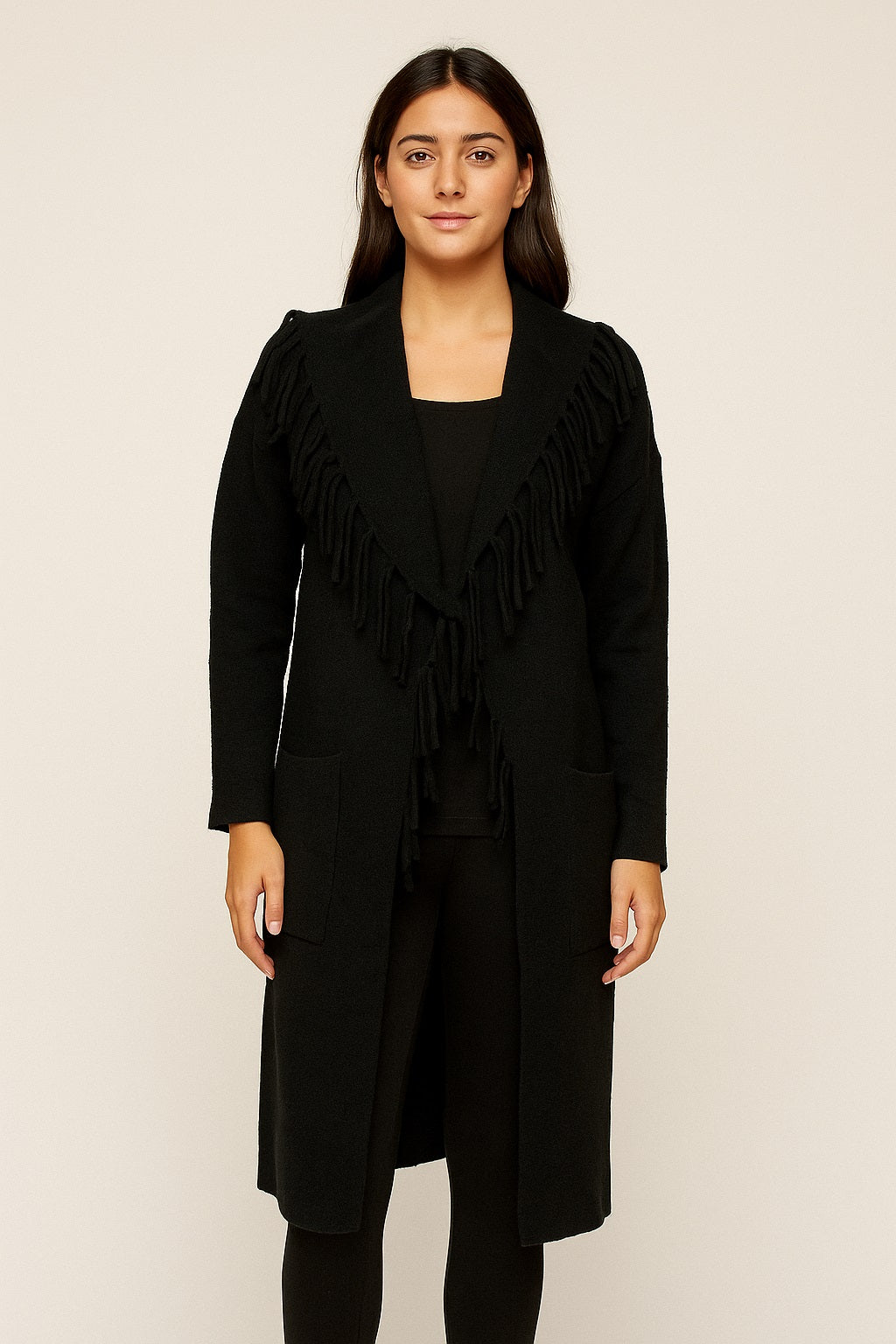 Veste 3/4 tricot franges col