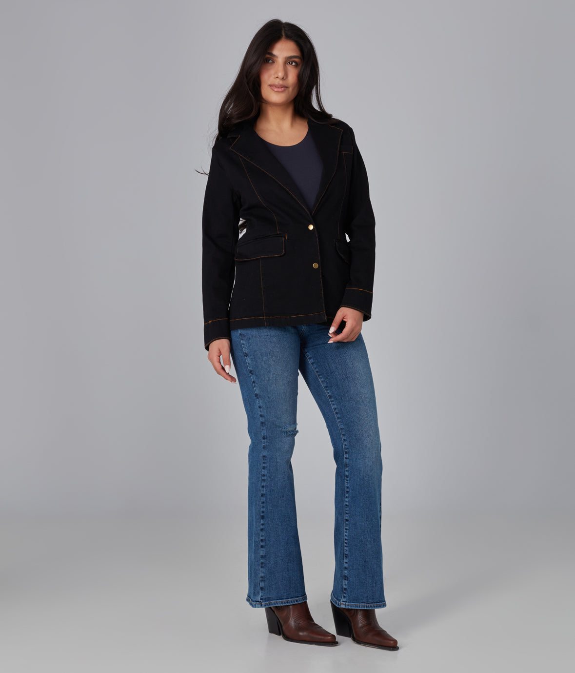 Charger l&#39;image dans la galerie, Veste-blazer en jean extensible avec coutures contrastantes
