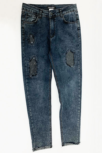 Pantalon jean au style délavé patchs de strass