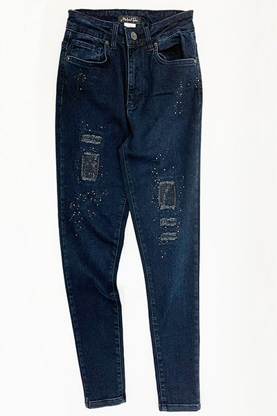 Pantalon jean au style délavé patchs de strass