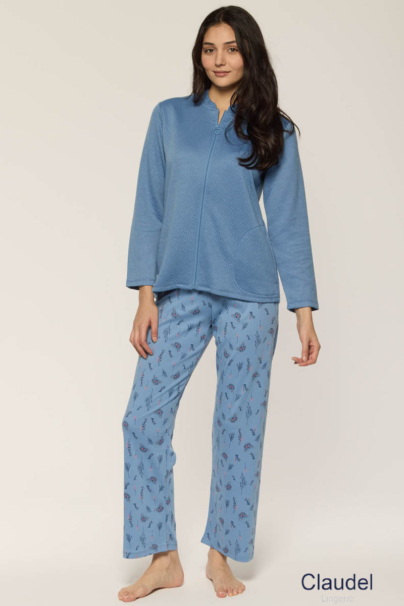 Pyjama long avec veste en jacquard à fermeture éclair