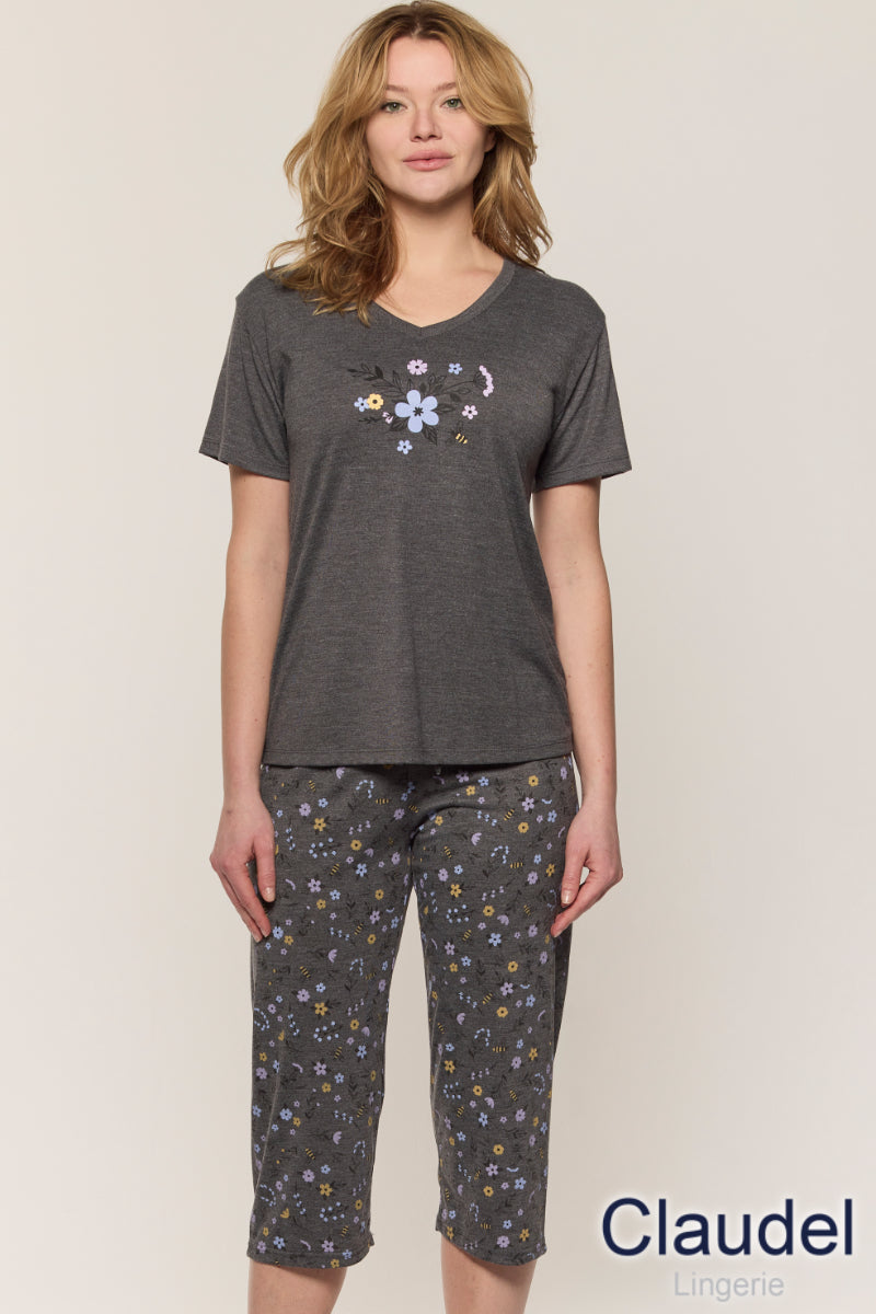 Charger l'image dans la galerie, Pyjama capri imprimé floral/abeilles
