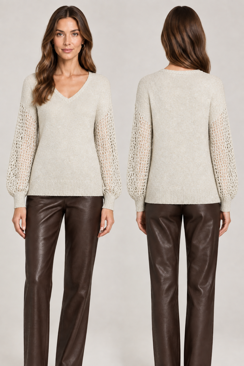 Charger l'image dans la galerie, Haut 26NMC02 couleur sable avec pantalon en cuir brun foncé
