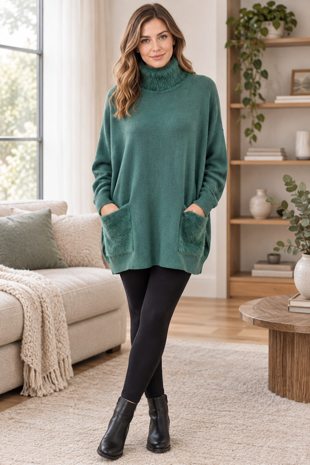 Charger l'image dans la galerie, Mannequin portant le chandail QQ8220 vert avec un legging
