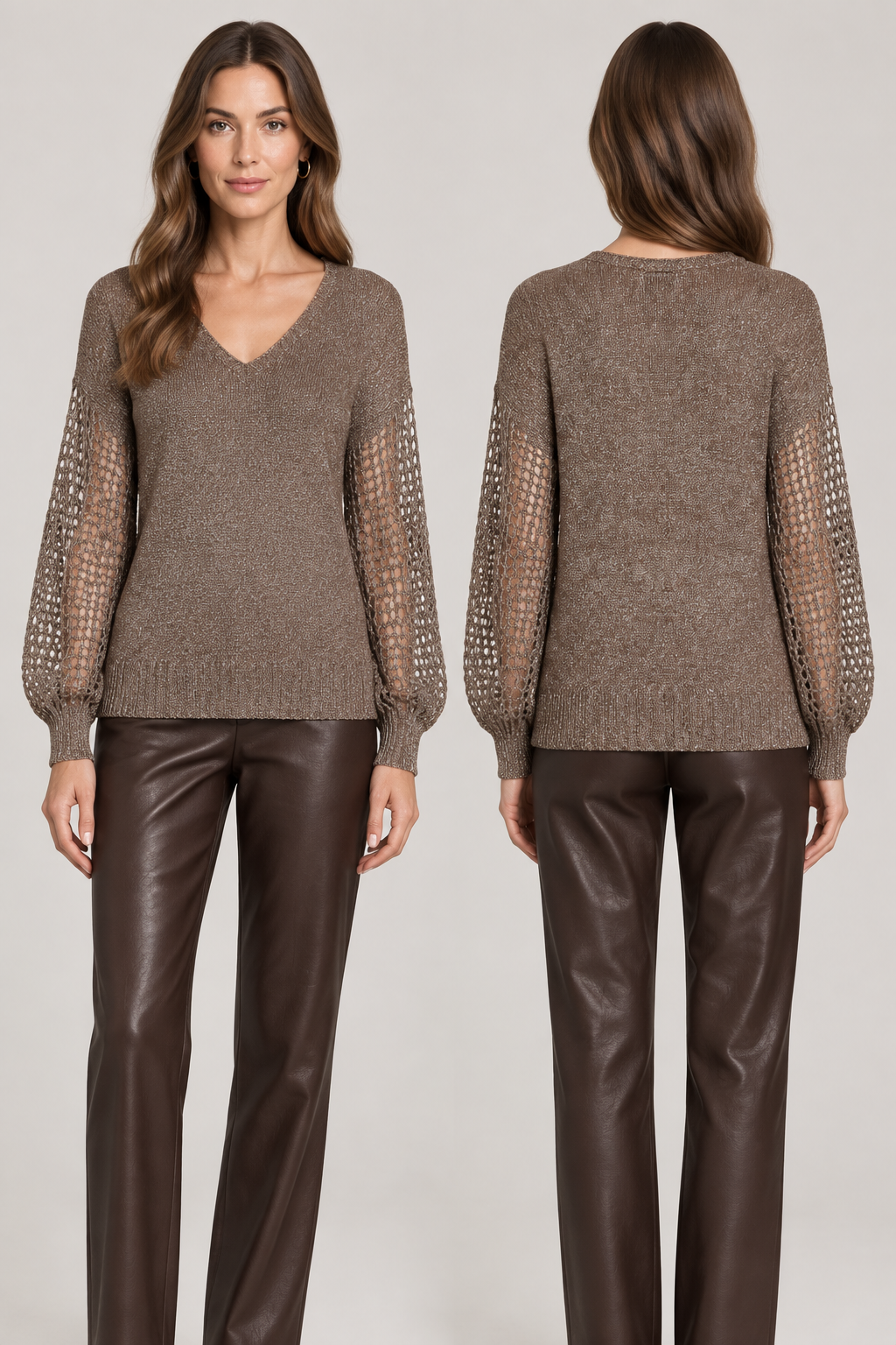 Charger l'image dans la galerie, Style 26NMC02 sur mannequin avec pantalon en cuir brun foncé
