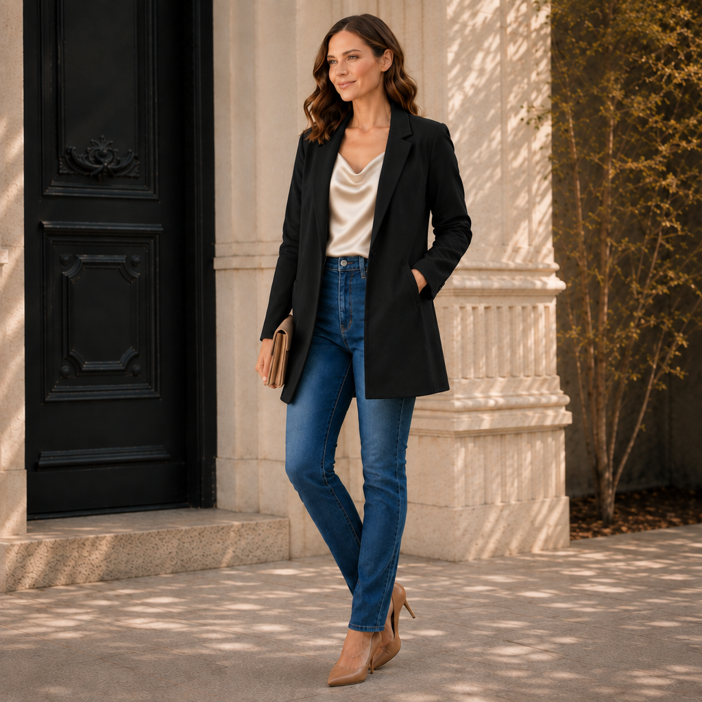 Charger l'image dans la galerie, Veste 74287 noire avec haut chic champagne
