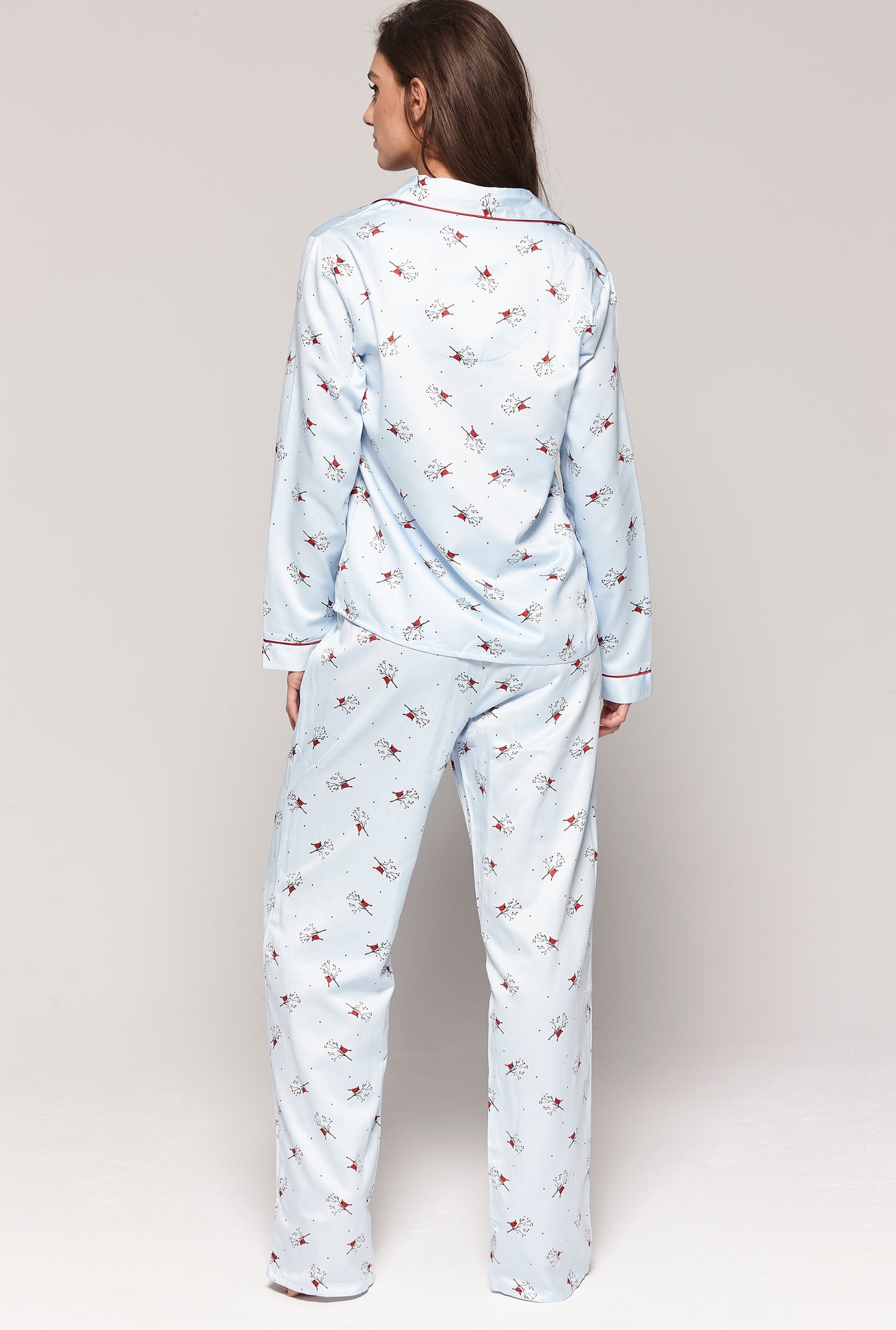 Charger l&#39;image dans la galerie, Pyjama en satin brossé imprimé oiseaux rouges

