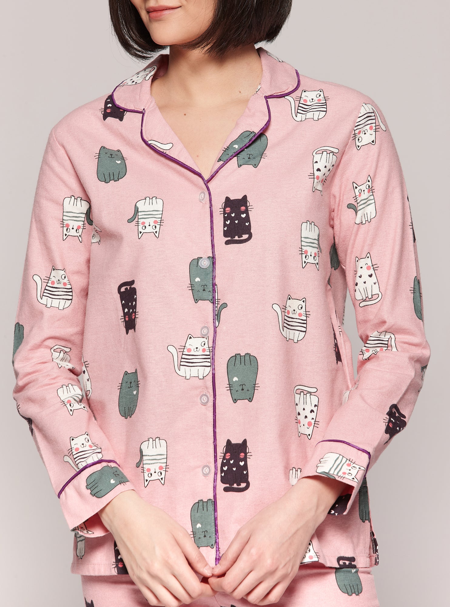 Charger l&#39;image dans la galerie, Pyjama boutonné en flanelle imprimé chats

