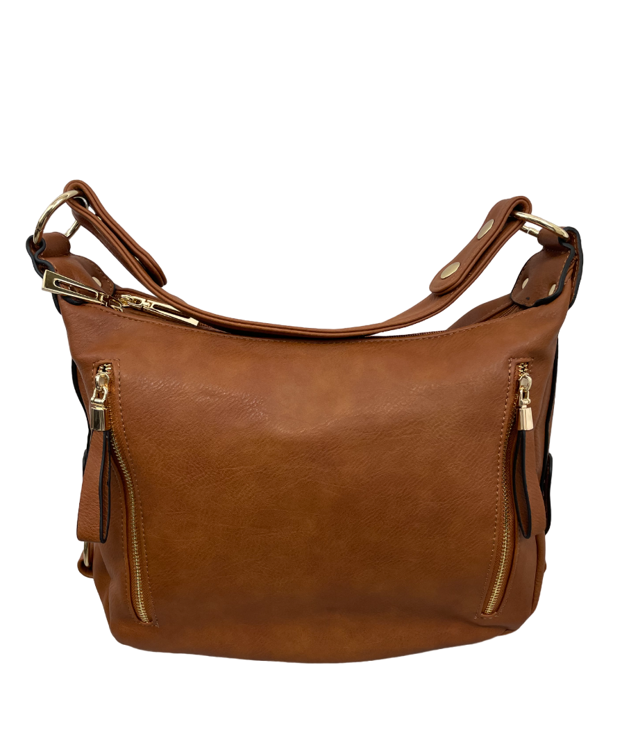 Sac à main avec bandes décoratives latérales, anneaux et cloutés